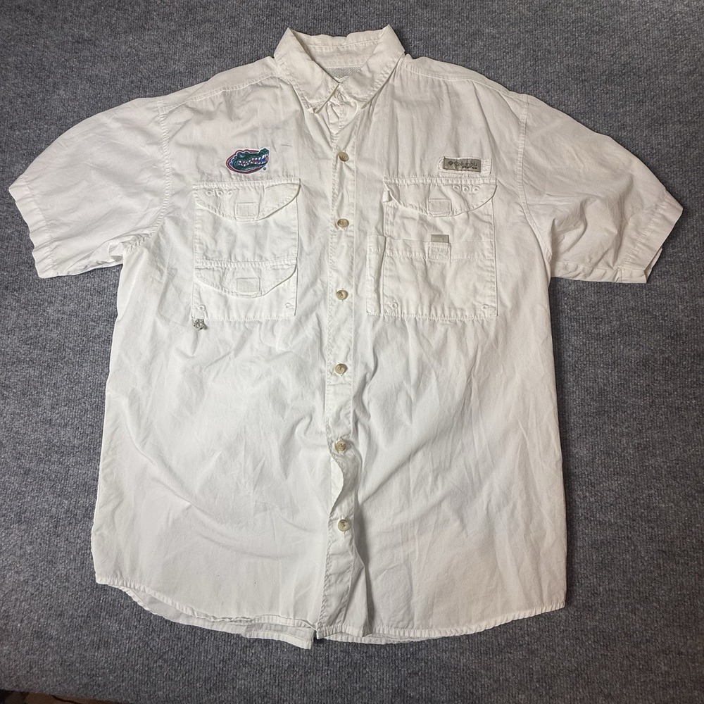 Columbia PFG Florida Gators Button Down Vented Fishing Shirt Men's XL White S/S‎